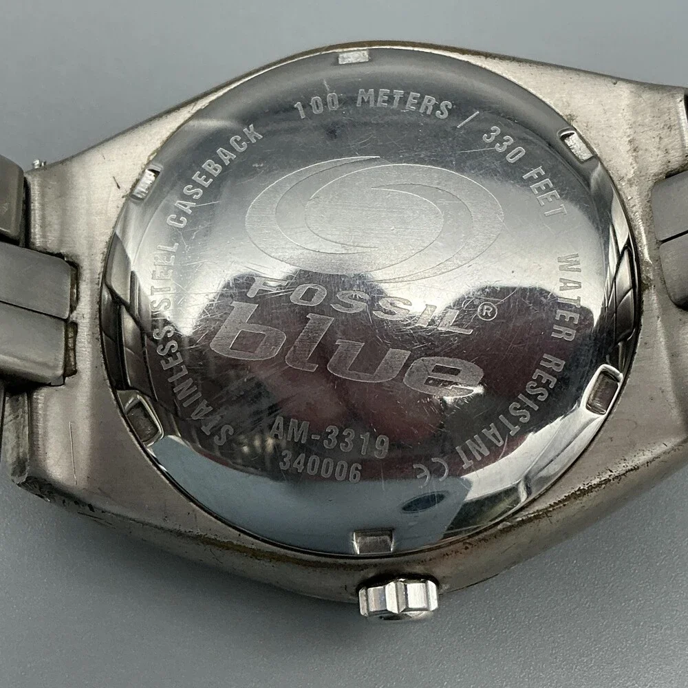 Fossil Blue AM-3319 Mens Watch 39mm Blue Dial Silver Tone New Battery 7